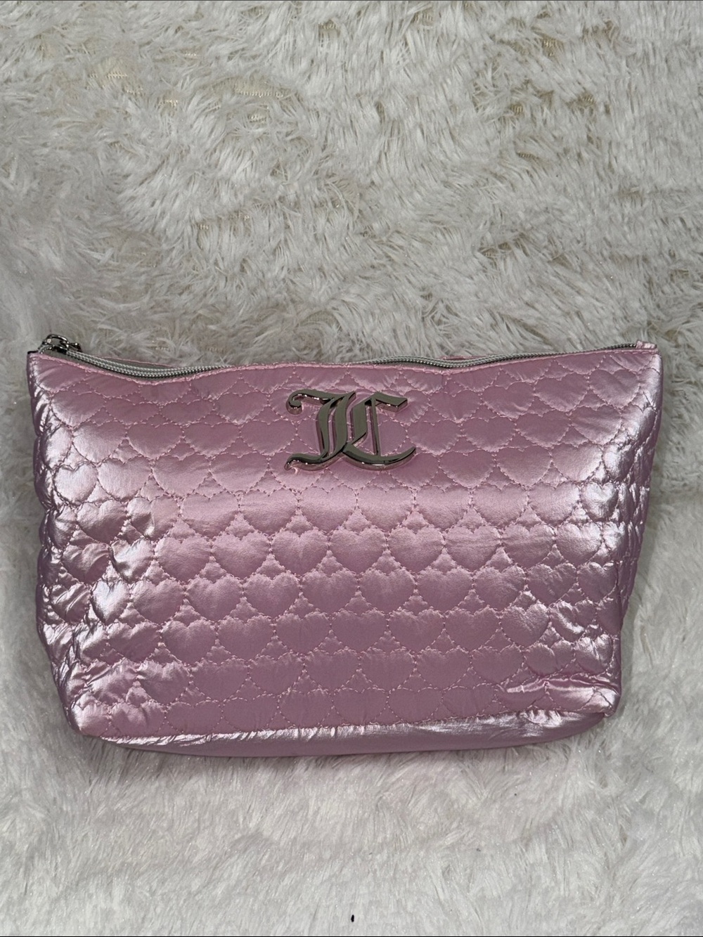 Juicy Couture Metallic Pink Quilted Cosmetic Bag with Logo